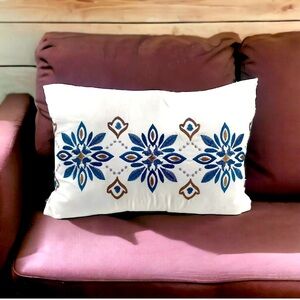 Decorative Embroidered Throw Pillow 17” White Blue Brown